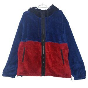 Originally used blue and red fleece jacket with hood and zipper closure. Size L